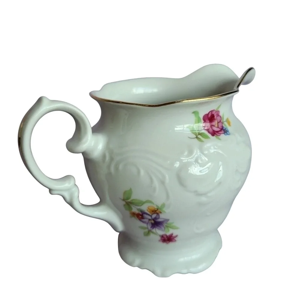 Walbrzych Poland White Embossed Floral Gold Rim‎ Creamer Cottage Vtg Tea Party